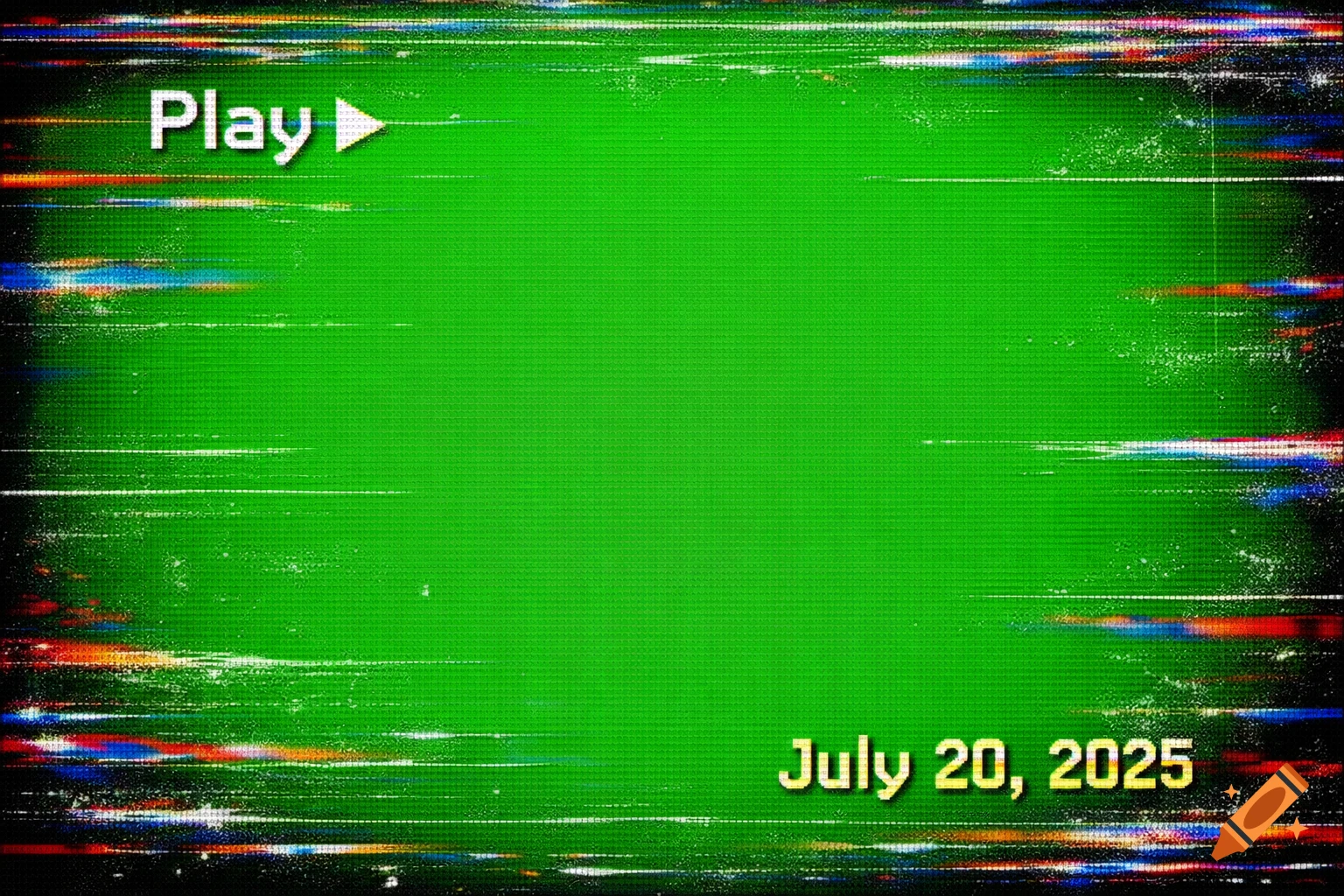 Retro VHS screen with green background, 'Play' symbol, 'July 20, 2025' timestamp, and digital artifacts.