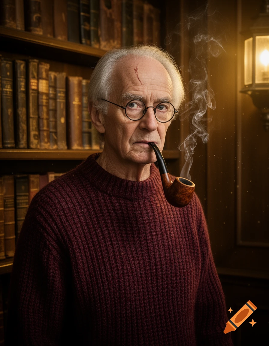 A white-haired elderly man wearing glasses and a red sweater smokes a pipe in a dimly lit library.