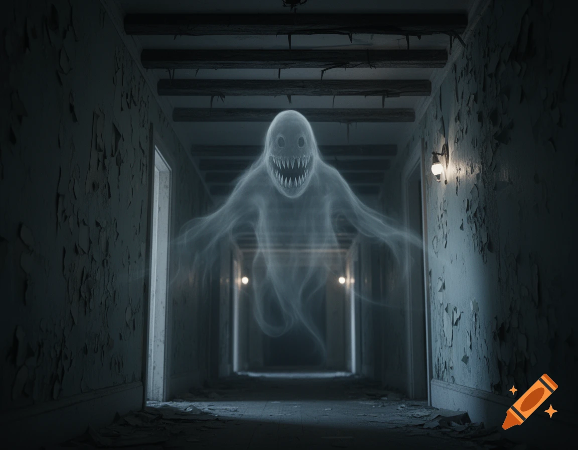 A creepy, translucent ghost with sharp teeth and dark eyes floats menacingly in a dark, dilapidated hallway.