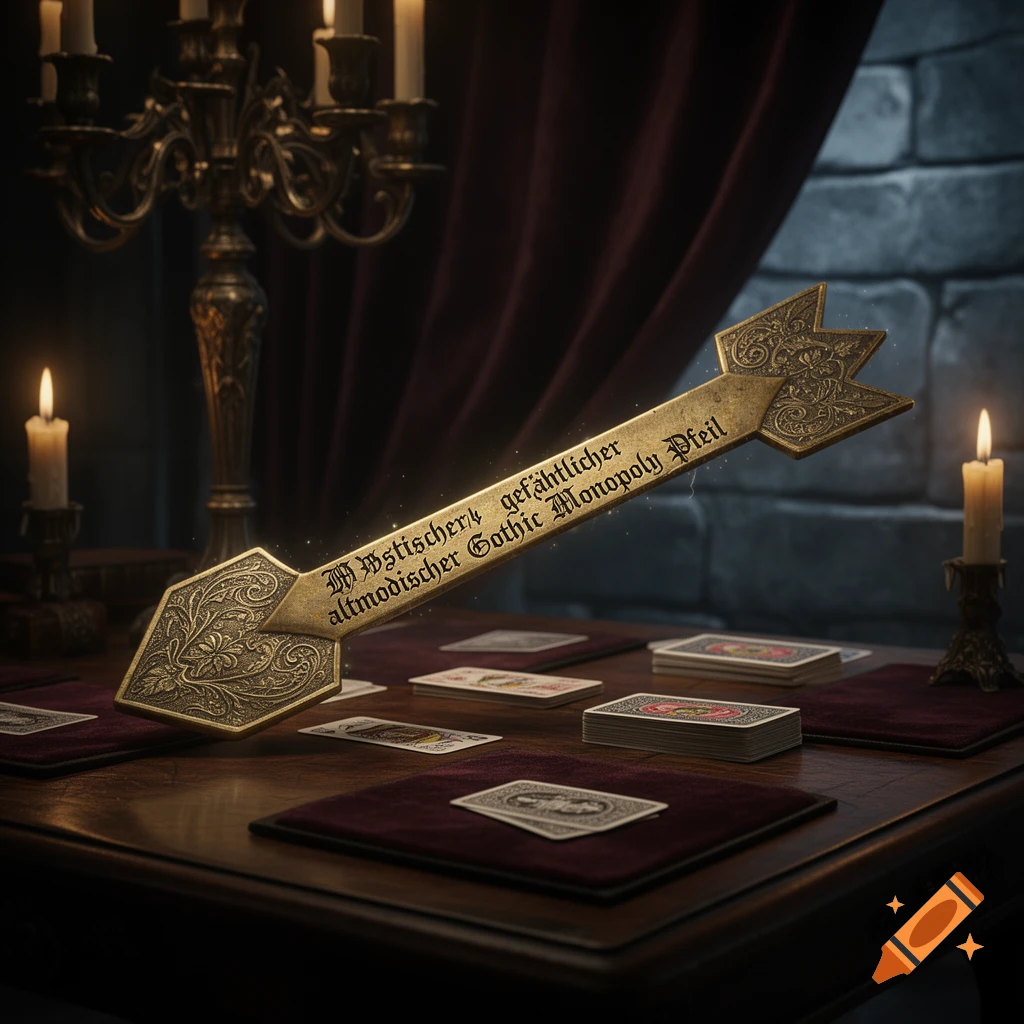 A golden, gothic-style arrow with text, playing cards, and lit candles on a dark wooden table with velvet accents.