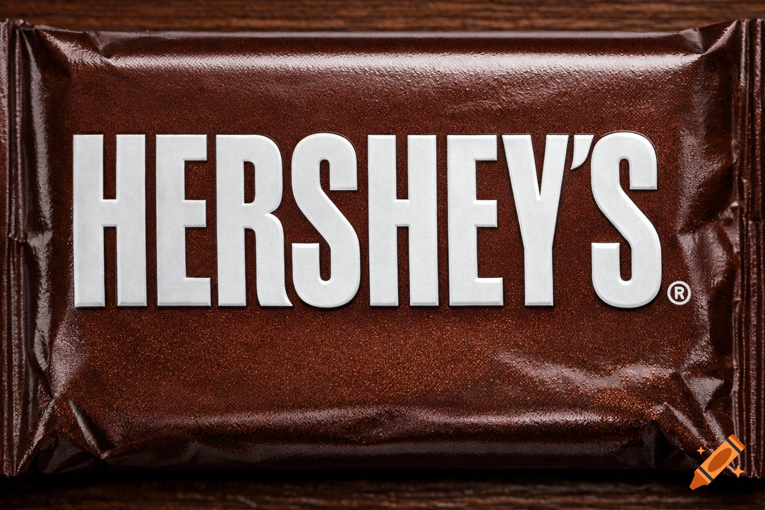 Close-up of a brown Hershey's chocolate bar wrapper with the white HERSHEY'S logo, textured and shiny.