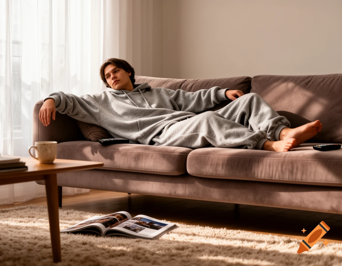 A young person in grey loungewear lies on a brown sofa in a sunlit living room with a magazine on the floor, photorealistic.