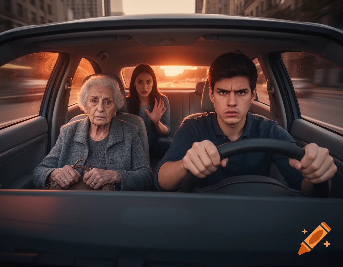 A young man, an elderly woman, and a young woman look stressed while driving in a car at sunset.