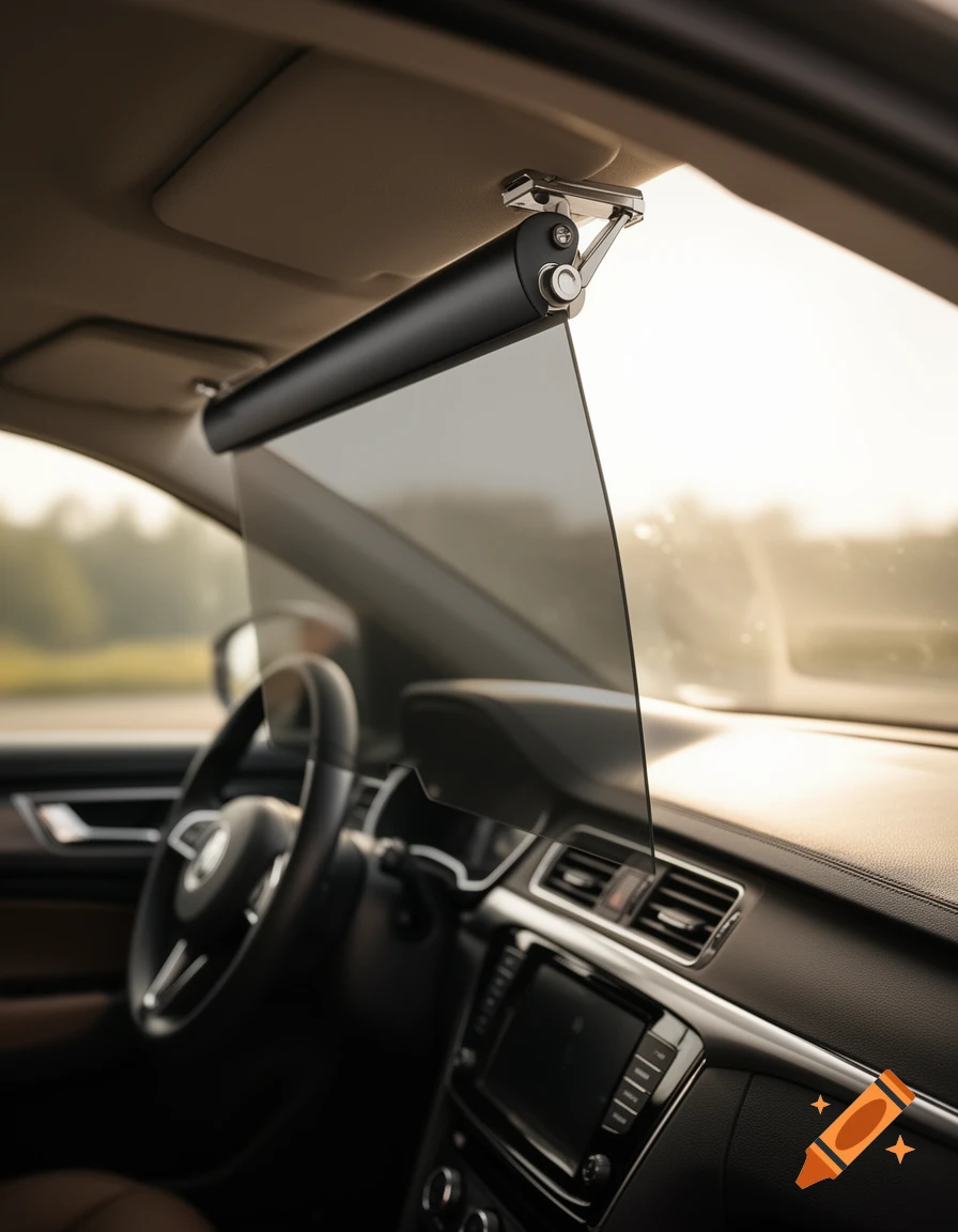 A black car visor extension with a transparent panel installed above the dashboard of a car.