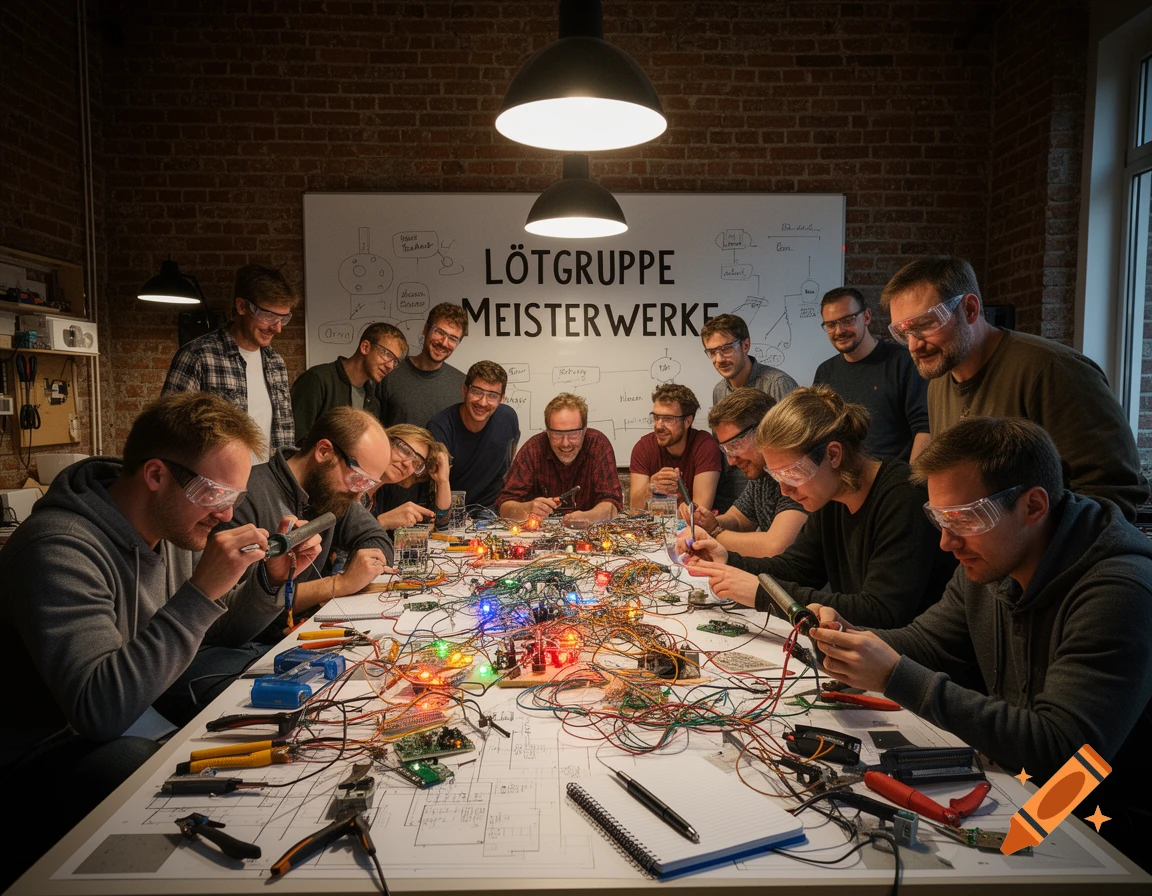 A group of people in safety glasses work on electronics with wires and circuit boards. A whiteboard reads 'LÖTGRUPPE MEISTERWERKE'.
