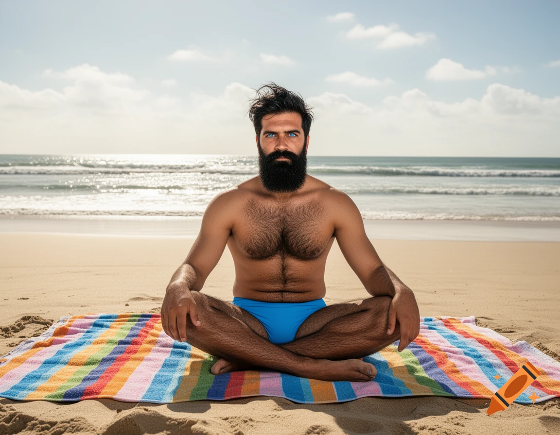 A bearded man with body hair, wearing blue swim trunks, sits cross-legged on a striped towel on a sandy beach.