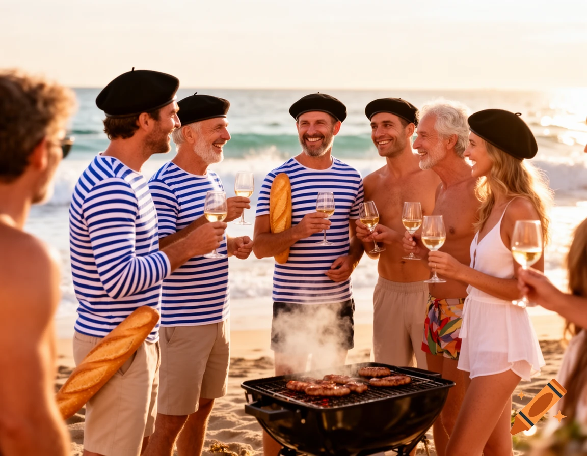 A diverse group of people in French-themed attire, including berets and striped shirts, enjoy a beach BBQ with wine and baguettes at sunset.