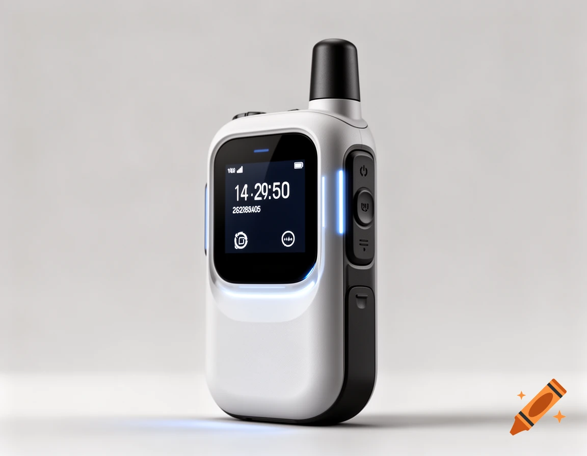 A futuristic, compact white and black two-way radio with a digital screen showing the time.