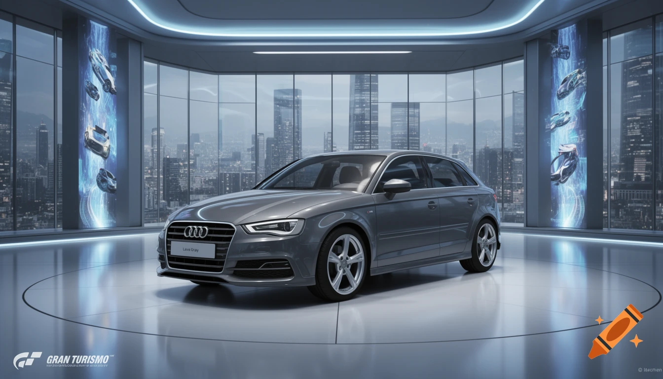 A gray Audi A3 hatchback in a futuristic showroom with digital displays and a city skyline background.