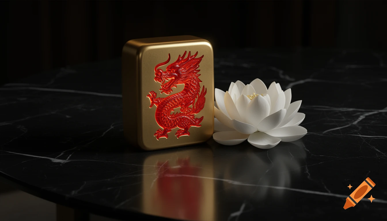 A gold mahjong tile with a glowing red dragon and a white lotus flower on a black marble table in cinematic lighting.