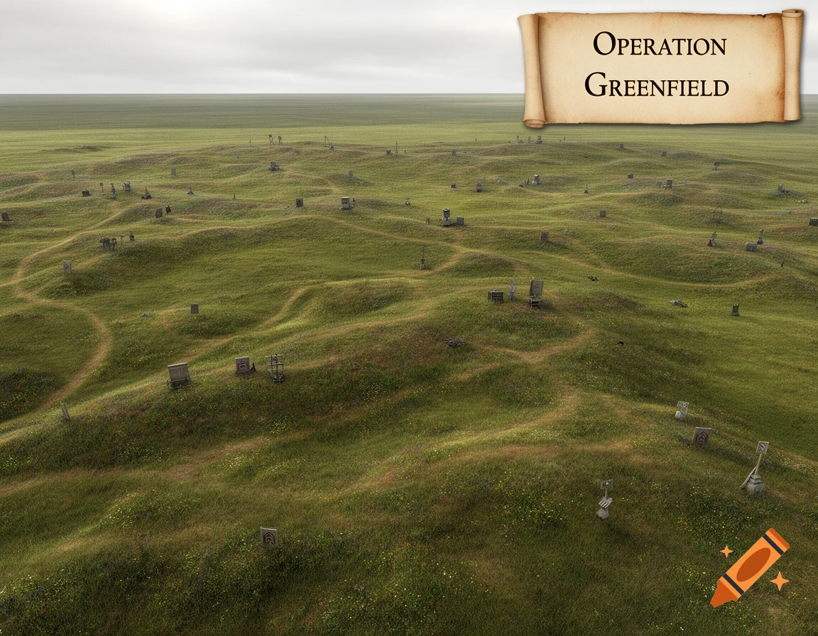 An aerial view of a vast, undulating green grassland covered with numerous small, stone-like markers, under a cloudy sky. A scroll overlay reads 'OPERATION GREENFIELD'.