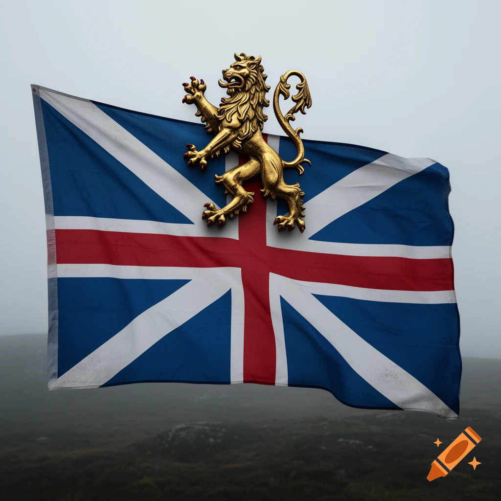 A golden lion rampant stands majestically over a waving Union Jack flag against a misty, overcast sky with dark ground below.