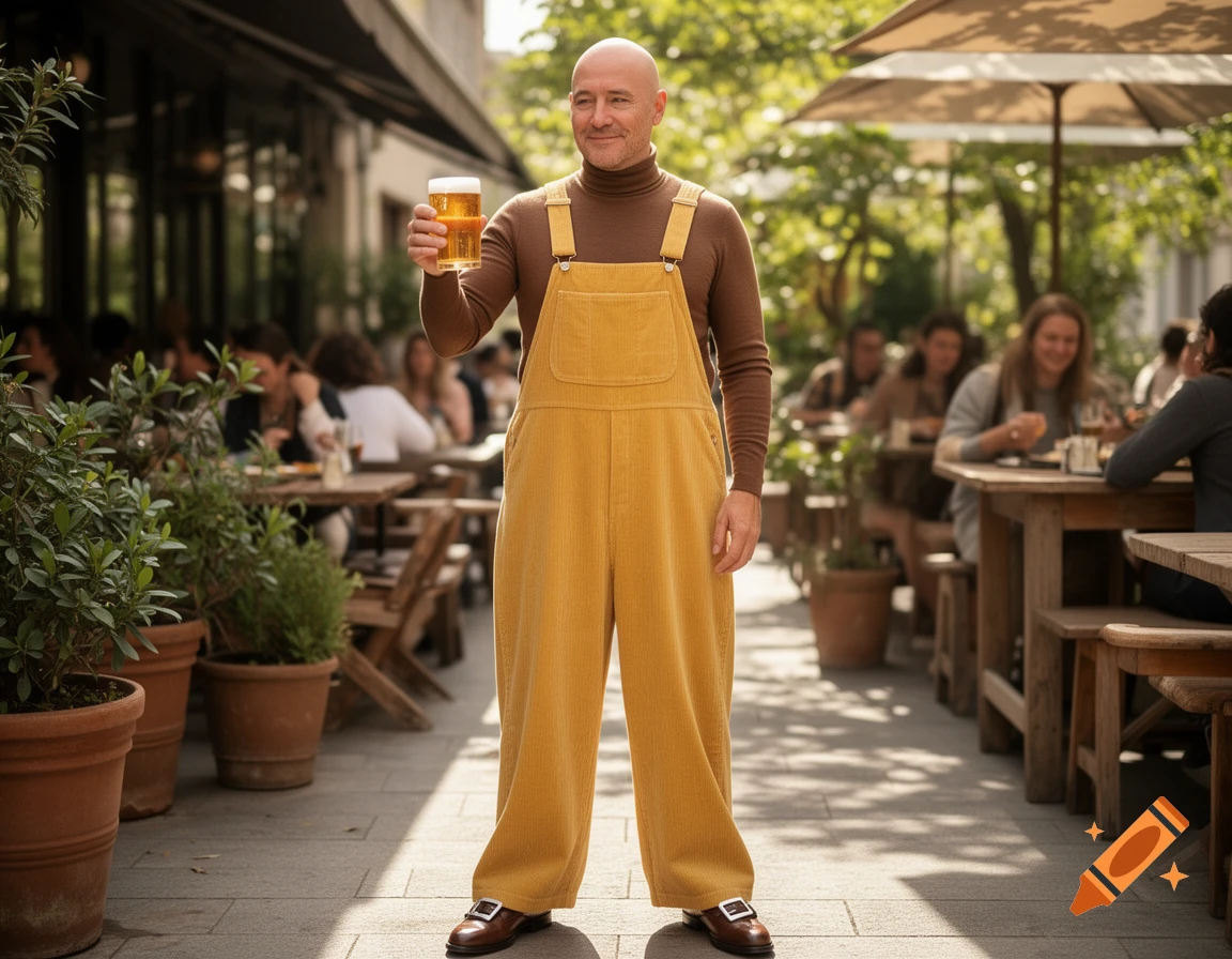 A bald man in a brown turtleneck and mustard yellow corduroy overalls holds a beer glass, standing on a sidewalk outside a bustling outdoor restaurant.