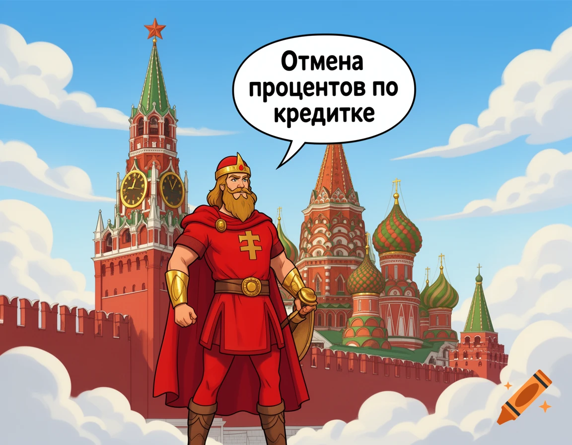 A cartoon Slavic hero in red stands before the Moscow Kremlin with a speech bubble saying 'Cancellation of interest on credit cards'.