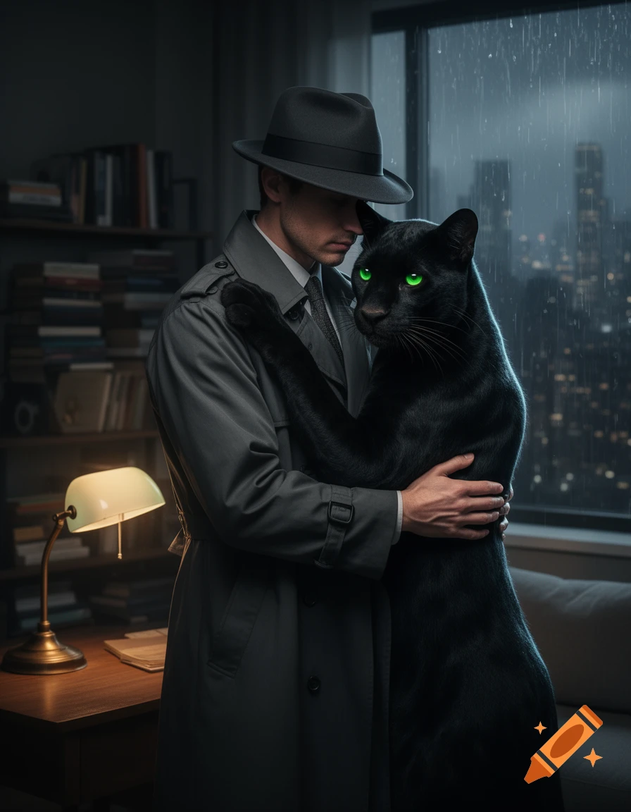 A man in a trench coat and fedora embraces a black panther with green eyes in a moody, rain-swept city apartment.