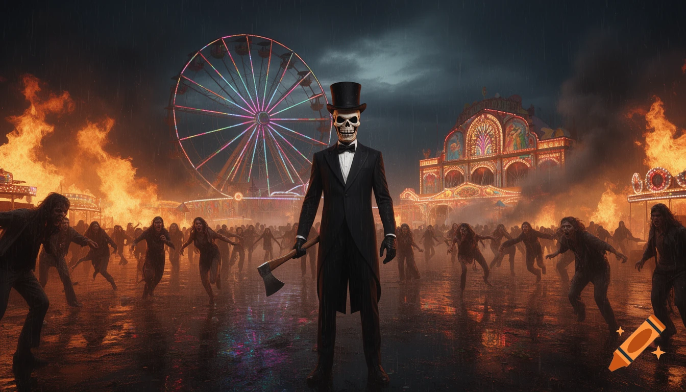 A skeleton-masked ringmaster with an axe stands amidst zombies in a burning, rainy carnival with a ferris wheel.