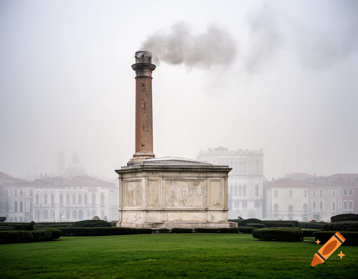 A tall brick chimney on a stone base emits dark smoke from a green lawn. Hazy classical buildings are visible in the background under an overcast sky.