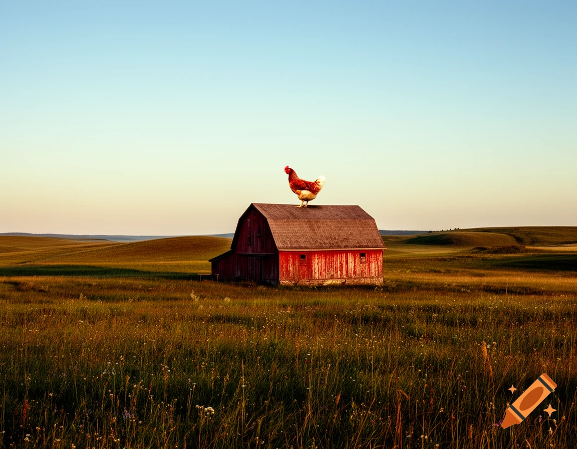 A chicken stands on the red roof of a barn in a vast golden field under a clear sky, photorealistic style.