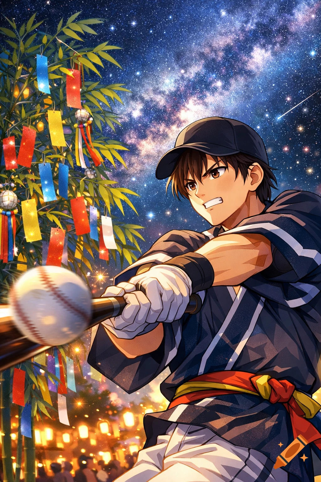 Dynamic anime boy in baseball uniform hitting a ball at a vibrant Tanabata festival under a starry Milky Way night sky.