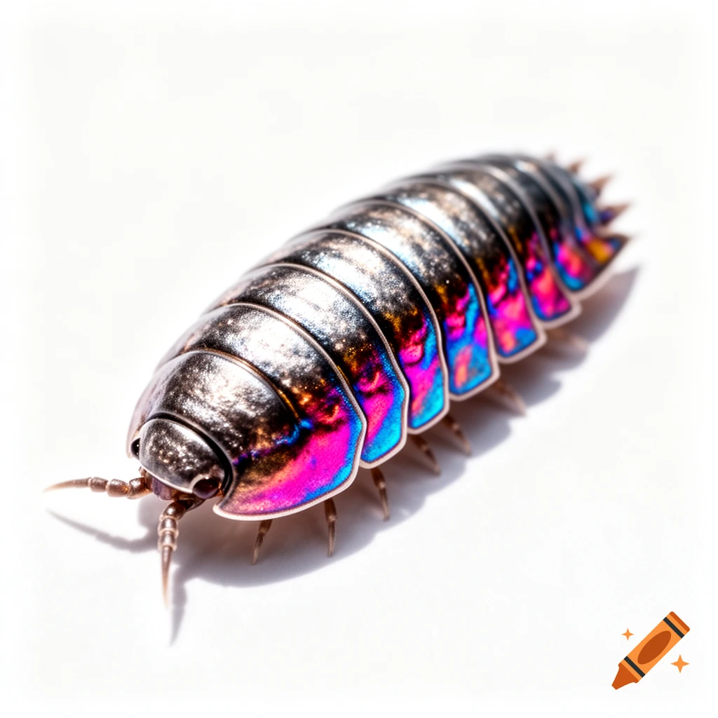 Close-up of a shimmering liquid chrome iridescent isopod on a white background.