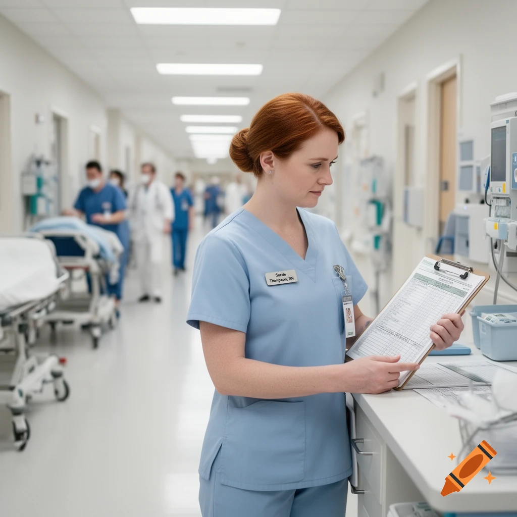 Red-haired nurse in light blue scrubs holding a clipboard in a hospital hallway with other medical staff in the background.