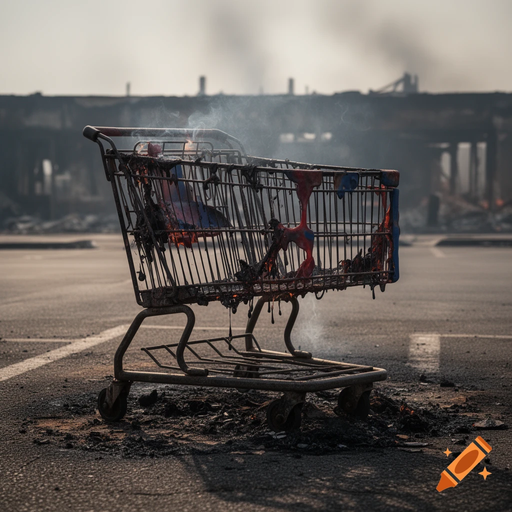A severely fire-damaged shopping cart stands in a desolate, smoky parking lot with a burnt building in the background.