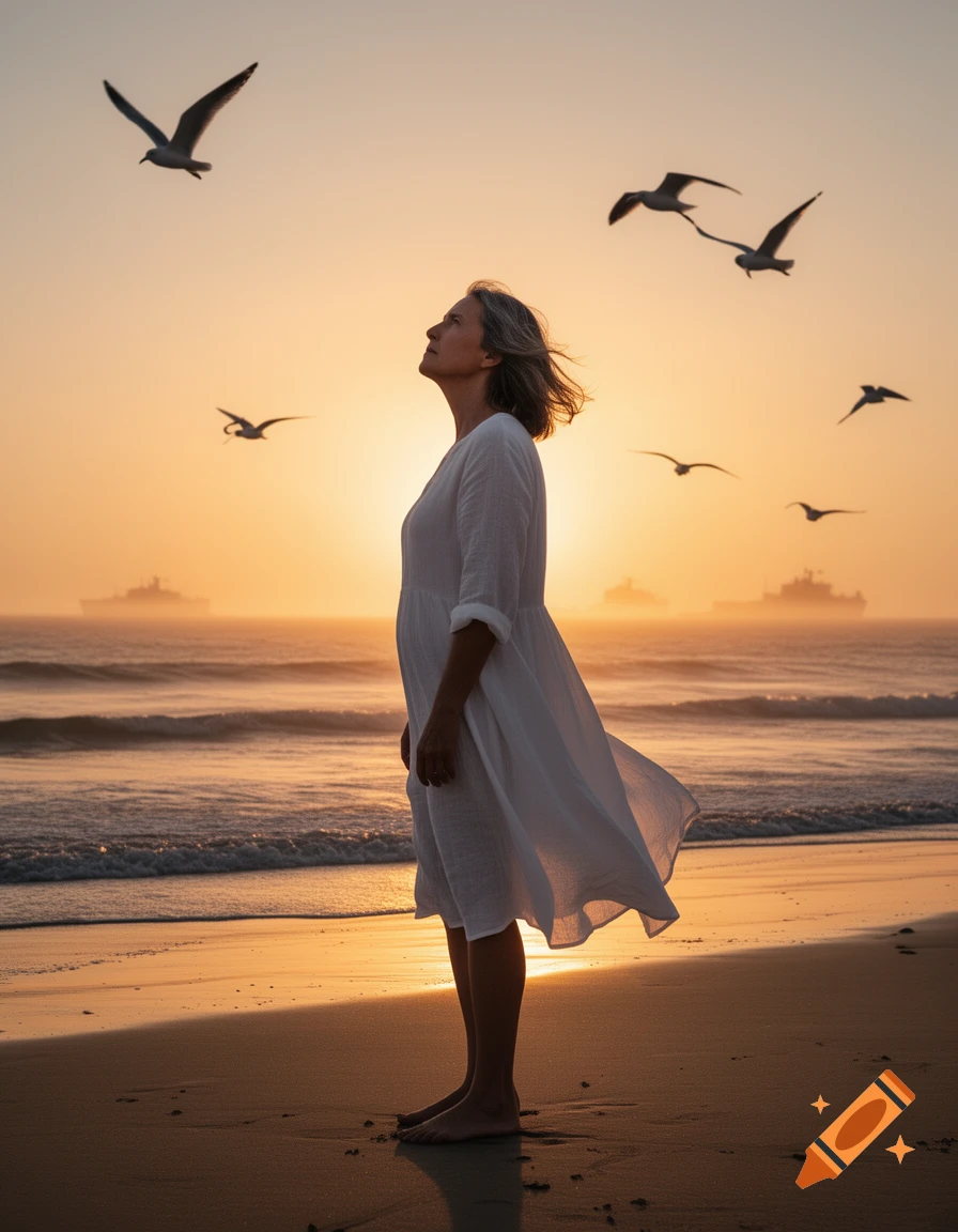 A woman in a white dress stands on a beach at sunset, looking up at ...