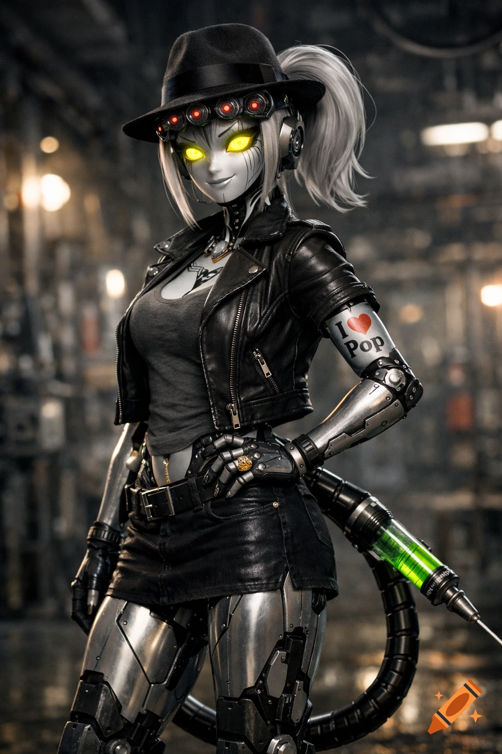 A female robot with glowing yellow eyes, a fedora, leather jacket, and skirt, standing in a dark industrial setting with a syringe device.