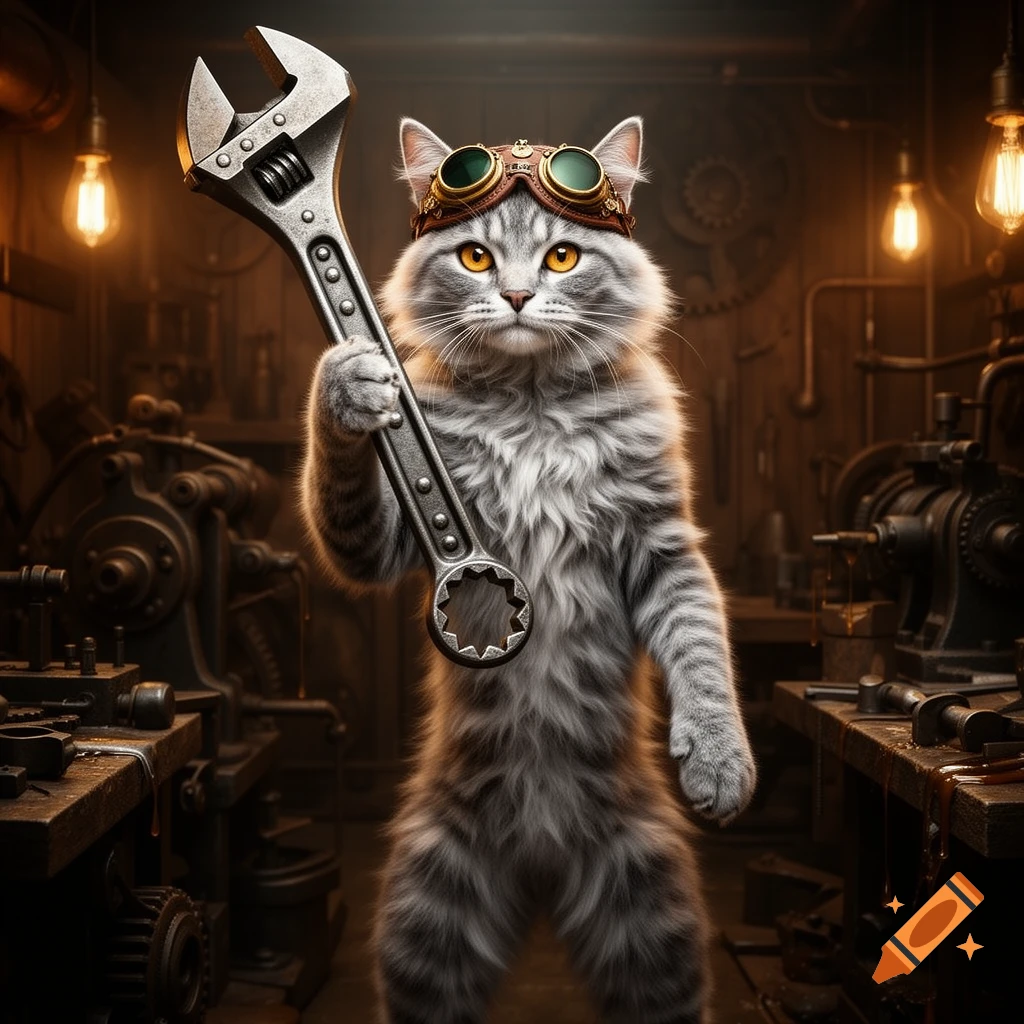 A photorealistic grey tabby cat stands upright in an industrial workshop, wearing steampunk goggles and holding a large wrench.