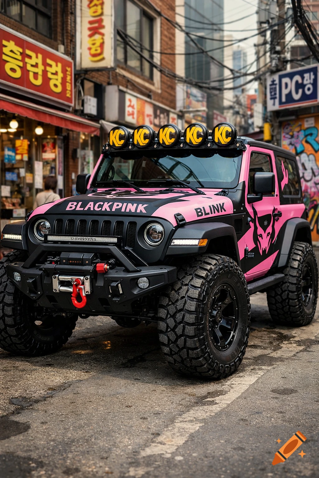 A black and pink custom Jeep Wrangler with "BLACKPINK" and "BLINK" decals parked on a Korean city street.