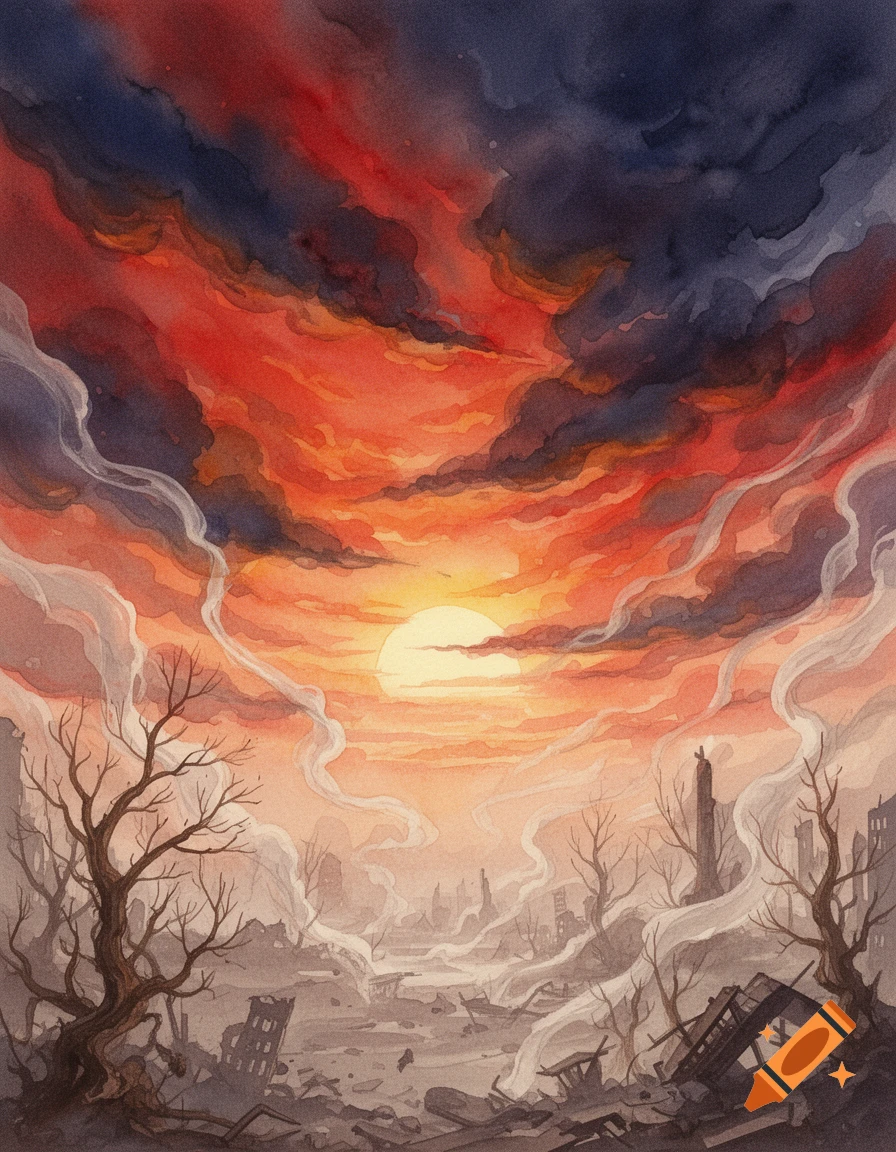 A watercolor painting of a desolate, ruined city landscape at sunset with a fiery red and dark blue sky, dead trees, and smoke.