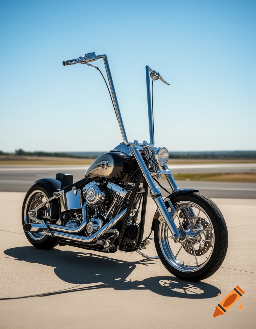 A photorealistic image of a black and chrome motorcycle with tall ape hanger handlebars, parked on pavement under a clear sky.