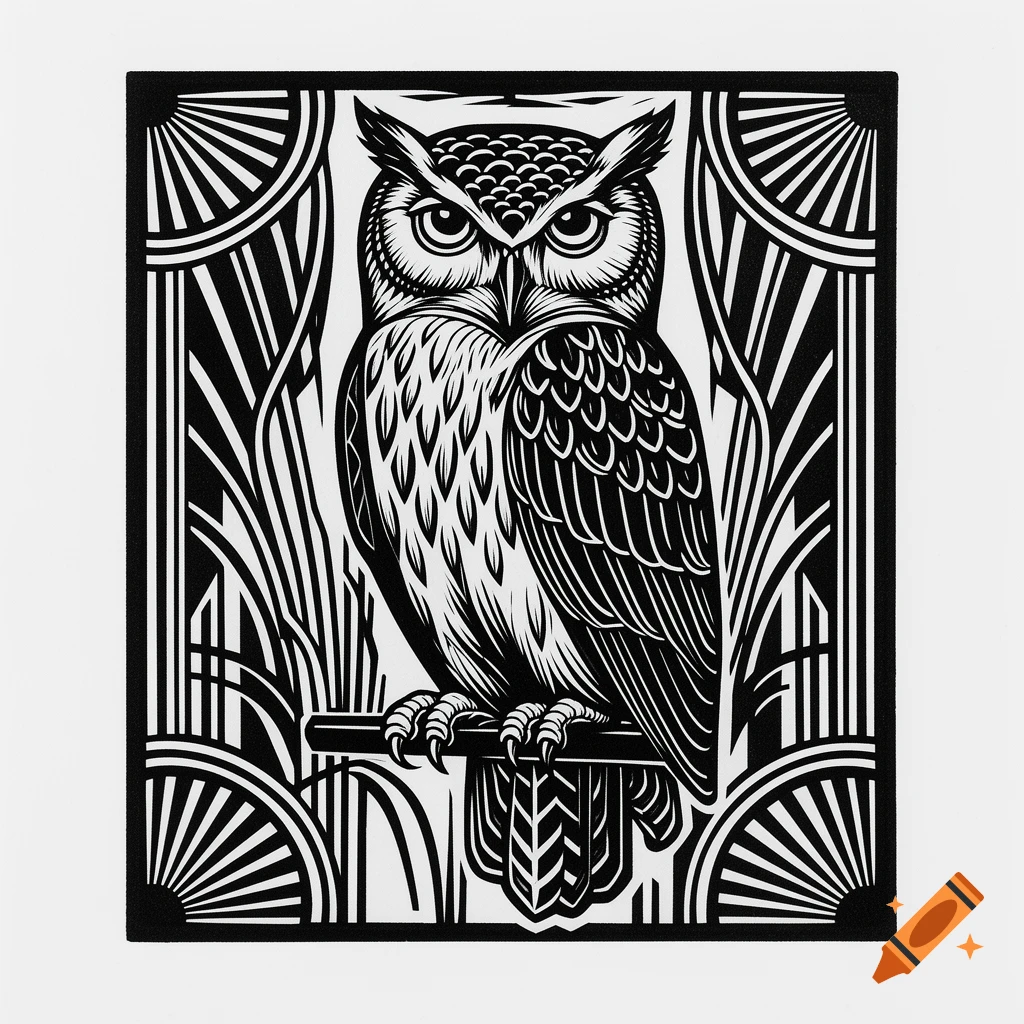 Black and white Art Deco linocut illustration of an owl perched with a detailed patterned background.