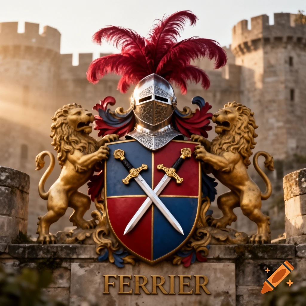 Ornate coat of arms featuring a knight's helmet, two gold lions, and a red and blue shield with crossed swords, 'FERRIER' carved below, against a castle.