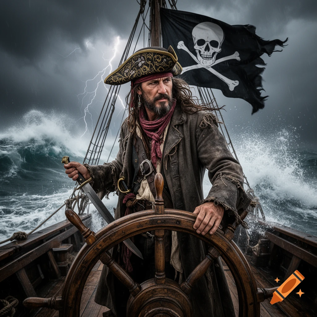 A rugged pirate captain with a sword stands at the helm of his ship on a stormy sea with lightning, a tattered skull and crossbones flag flying.