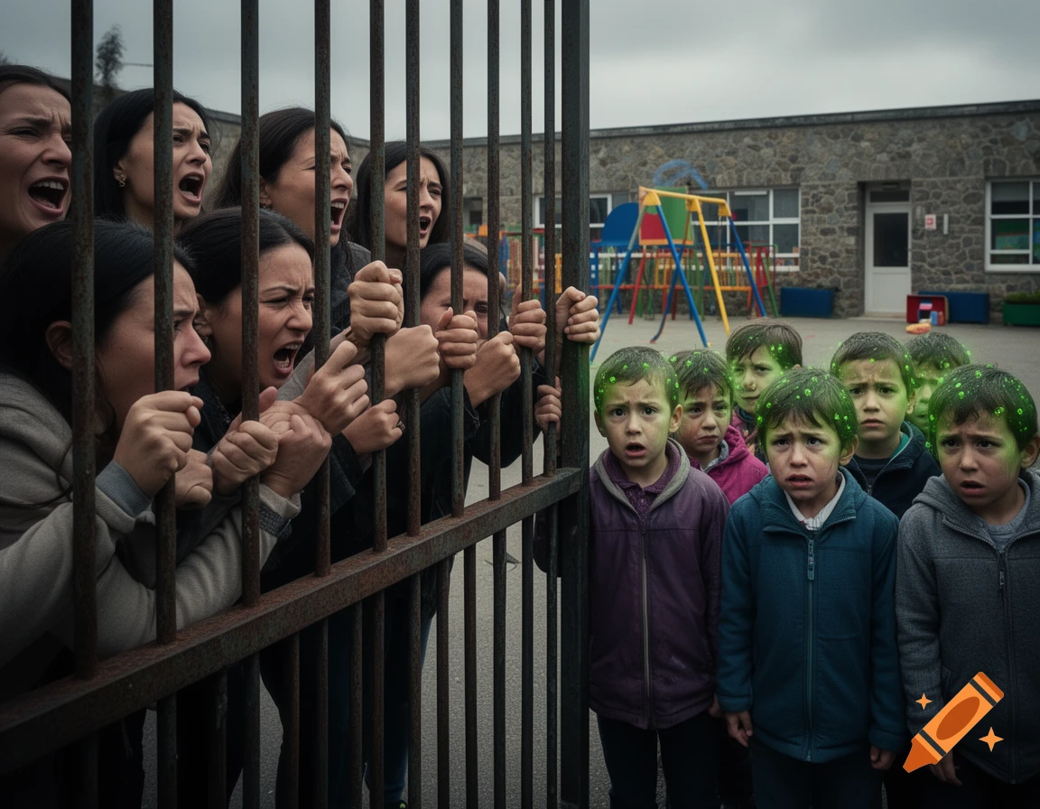Distressed mothers yell behind a gate at a kindergarten, while children with green glowing spots on their heads look bewildered and scared.