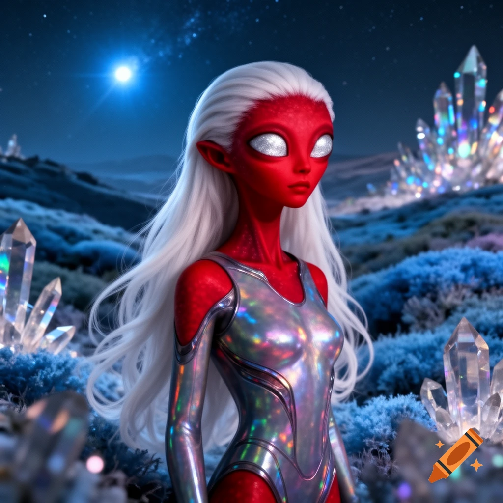A red-skinned alien girl with long white hair wears a shiny silver bodysuit in a crystal-filled landscape under a starry night sky.