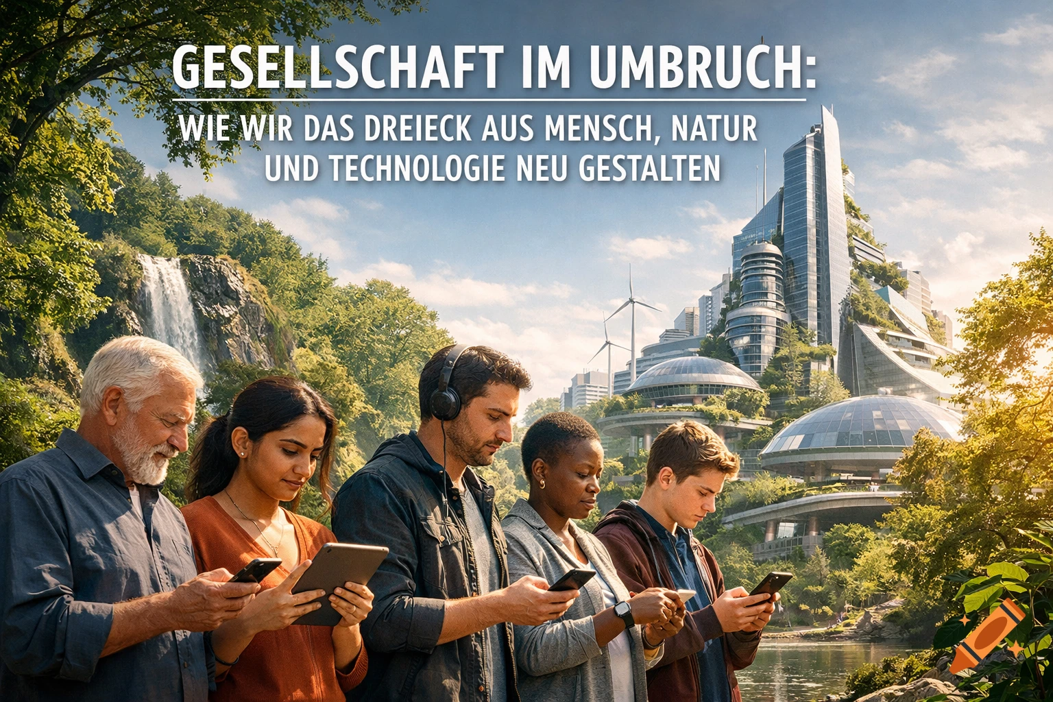Diverse people use digital devices in a futuristic city with green buildings, a waterfall, and wind turbines.