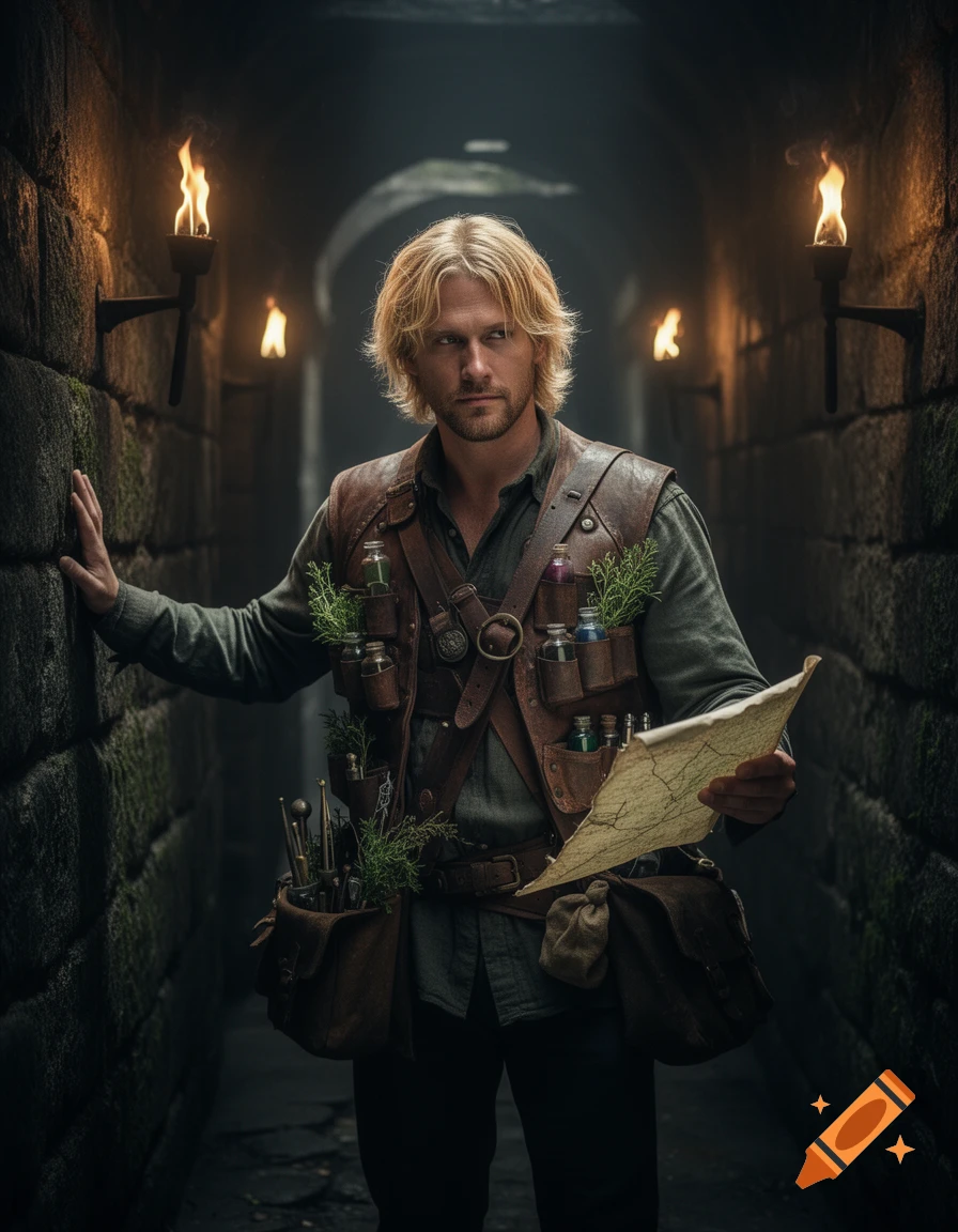 A blond male apothecary adventurer with vials and tools on his leather vest stands in a torch-lit stone tunnel, holding a map.