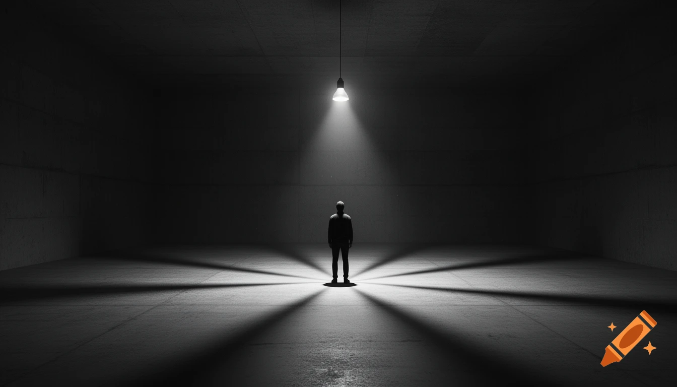 A lone figure stands in a vast, dark concrete room, illuminated by a single overhead spotlight, casting long dramatic shadows.