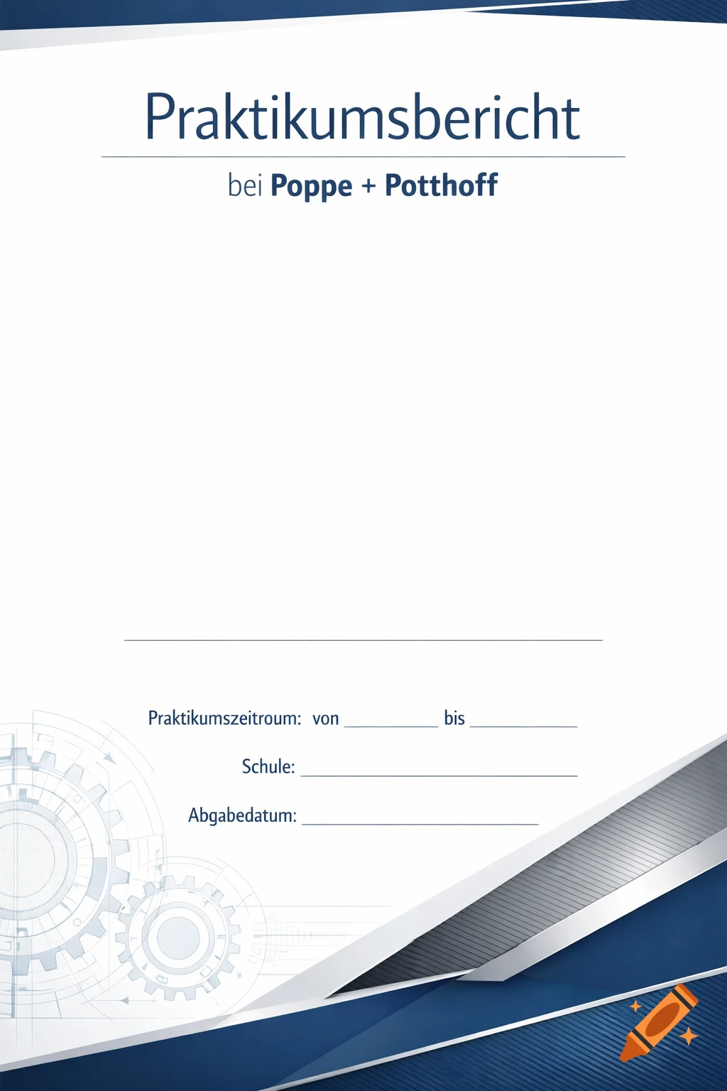A professional A4 internship report cover page with 'Praktikumsbericht' and 'Poppe + Potthoff', featuring blue and grey corporate design with technical elements.