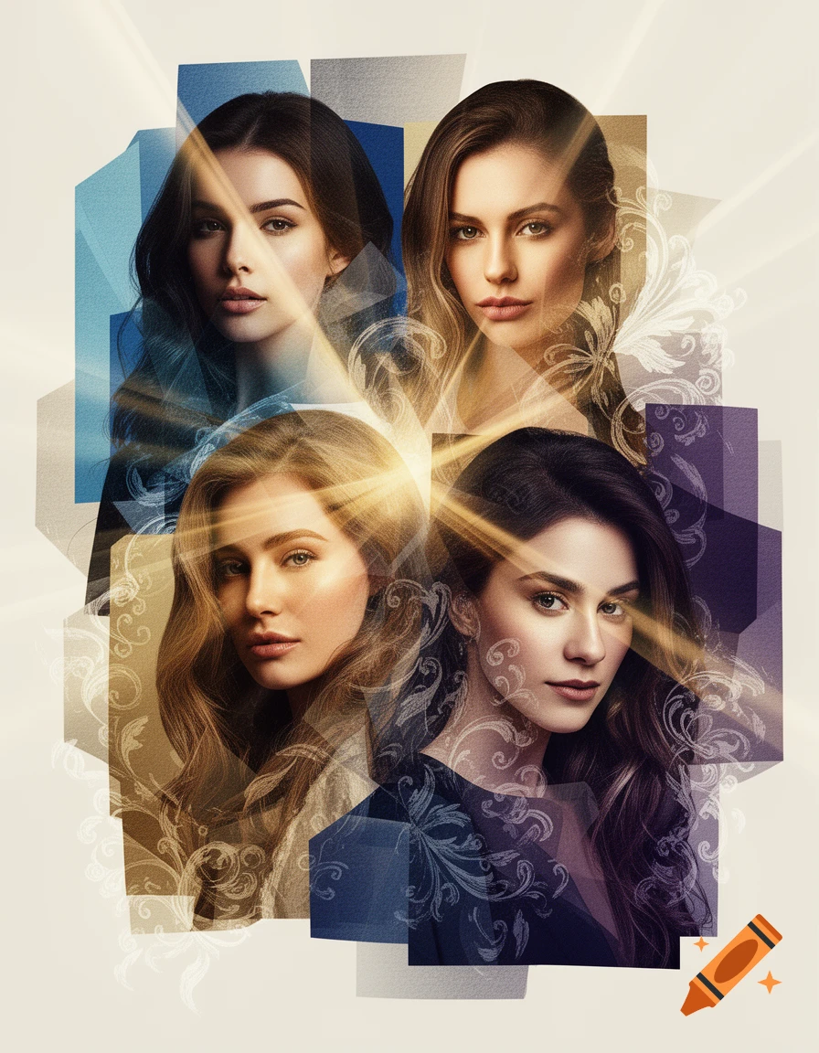 Four photorealistic portraits of women in a graphic design collage with abstract shapes, floral patterns, and light rays.