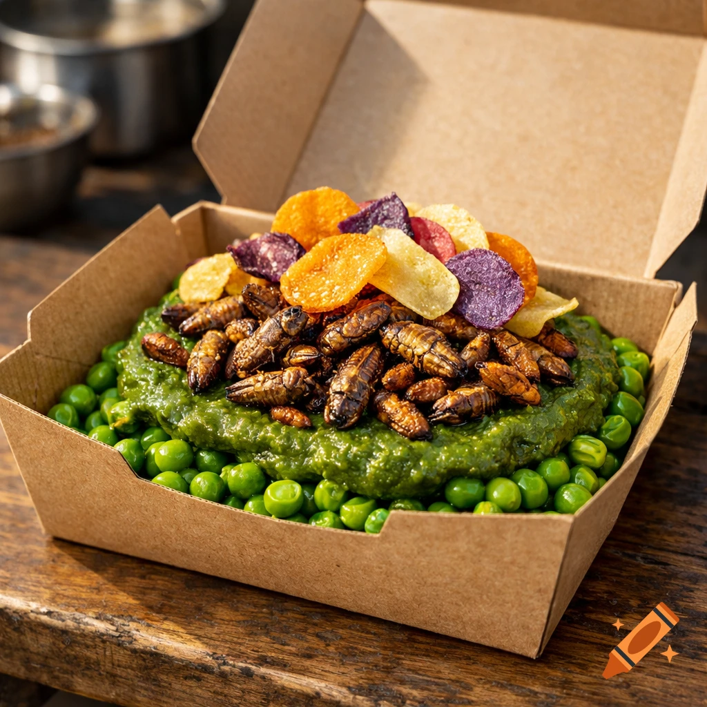 A close-up, top-down shot of a takeaway dish in a cardboard box, featuring roasted crickets on green sauce, peas, and colorful vegetable chips.