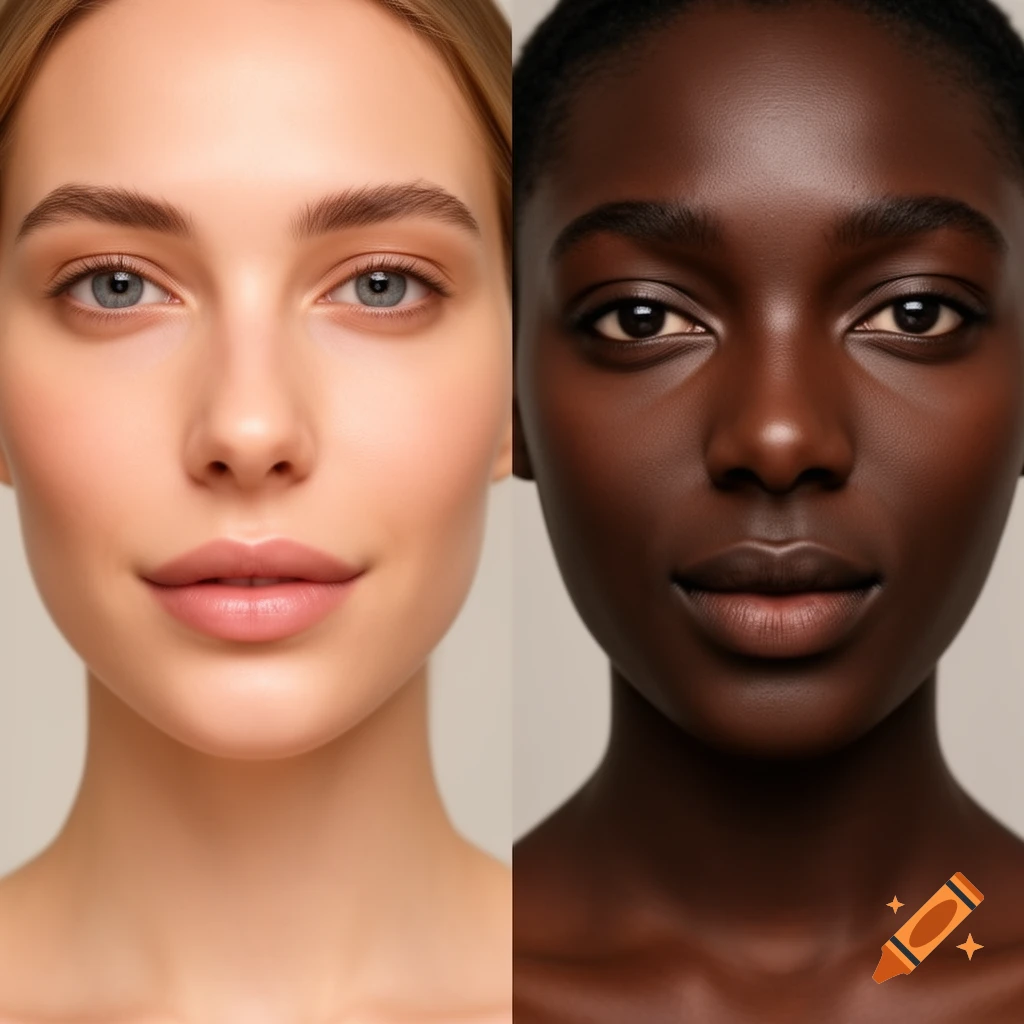 A split image showing the faces of a light-skinned person and a dark-skinned person, both looking directly forward.