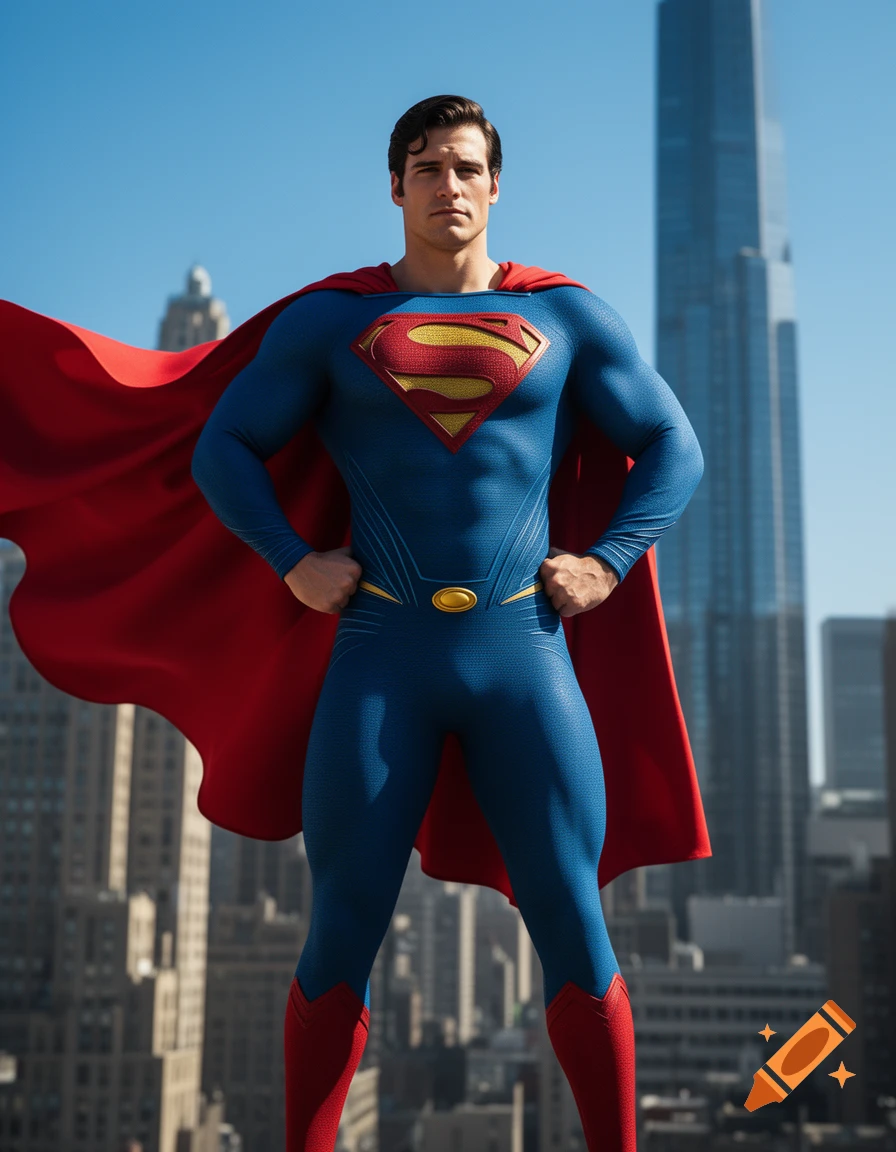 Photorealistic Superman stands on a city rooftop, hands on hips, under a clear blue sky.
