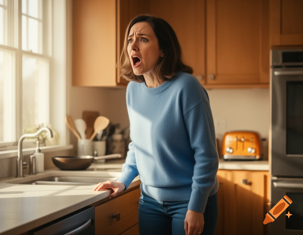 A woman in a blue sweater stands in a kitchen, looking shocked and shouting.