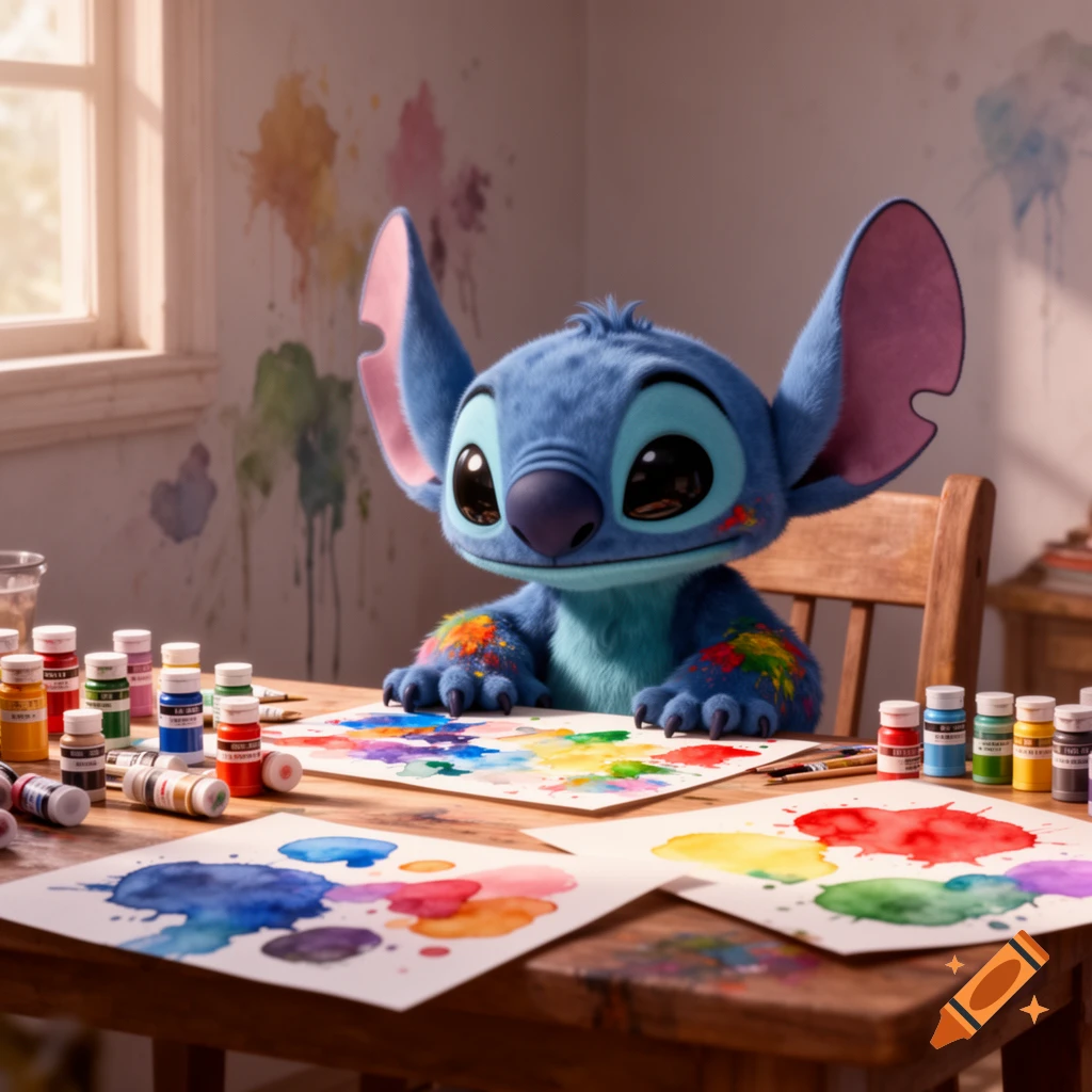 Stitch, a blue alien, covered in colorful paint, sits at a wooden table painting with watercolors in a brightly lit room.
