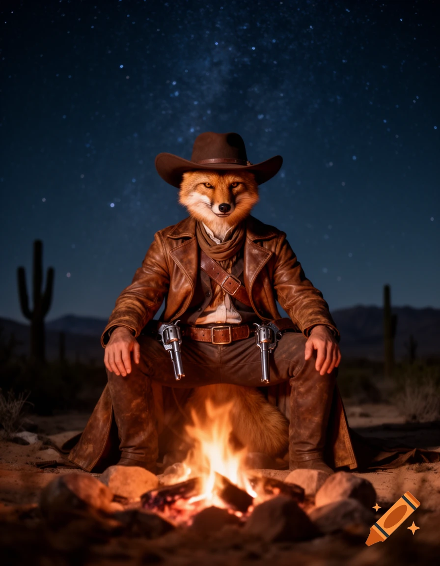 Anthropomorphic fox in cowboy attire sits by a campfire in a desert under a starry night sky, holding two revolvers.