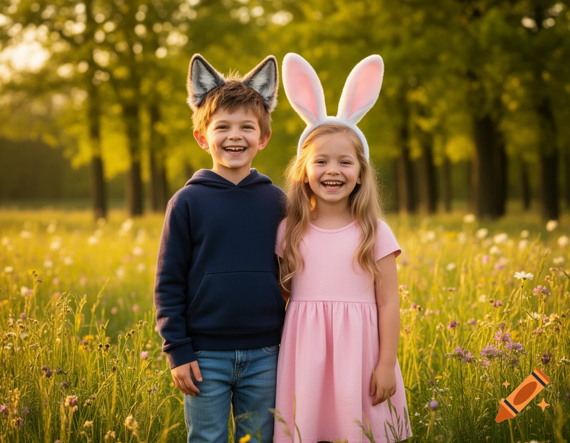 A smiling boy with wolf ears and a girl with bunny ears stand in a sunny, flower-filled meadow.