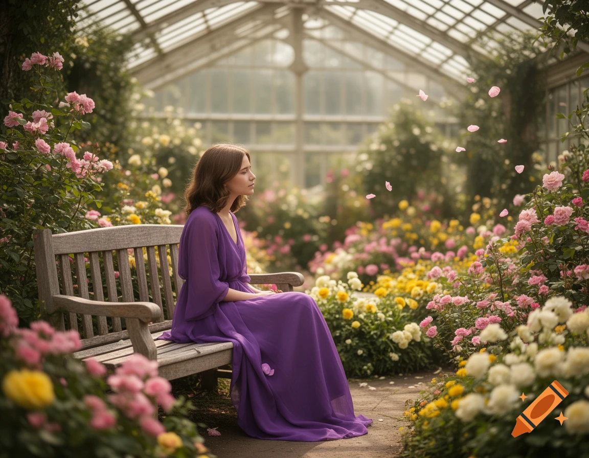 A brown-haired woman in a purple dress sits on a bench amidst colorful flowers in a sunlit greenhouse with floating petals.